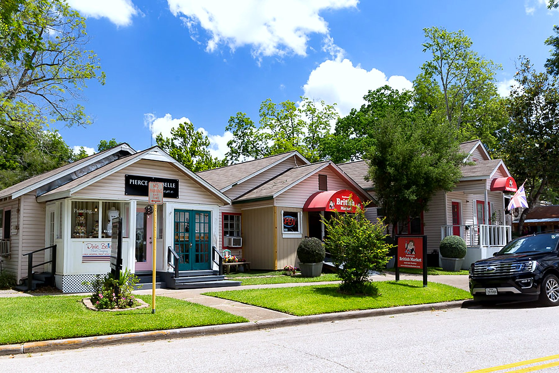 Old Town Spring cottage storefront exteriors in Spring, Texas